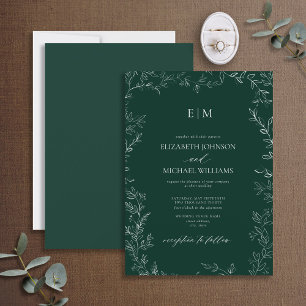 Elegant Löv Emerald Grönt Monogram Bröllop Inbjudningar