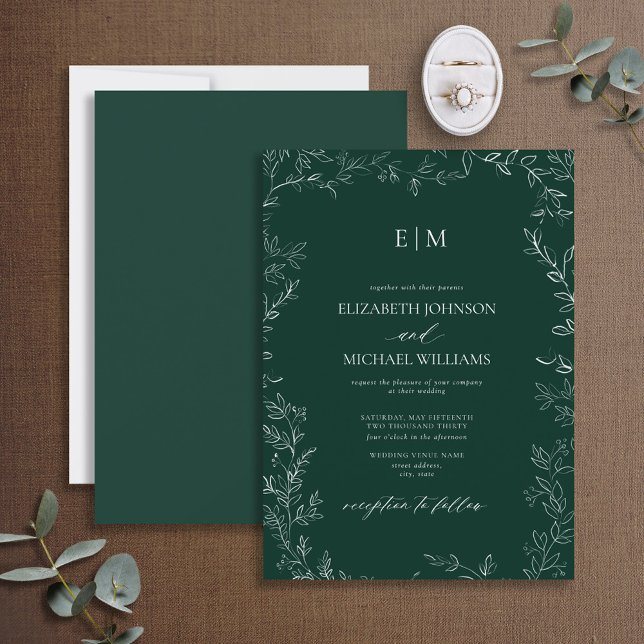 Elegant Löv Emerald Grönt Monogram Bröllop Inbjudningar (Skapare uppladdad)