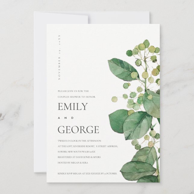ELEGANT LÖV FOLIAGE GREENERY COUPLE SHOWER-KORT TACK KORT (Framsida)
