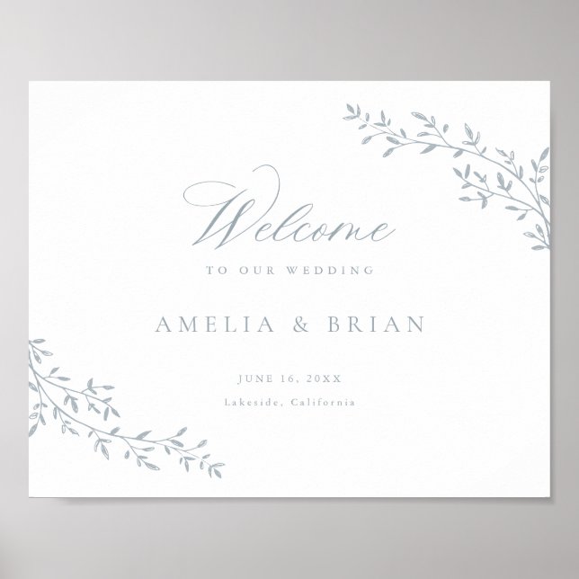 Elegant Löv Gren, Botaniskt blått Bröllop Välkomst Poster (Framsidan)