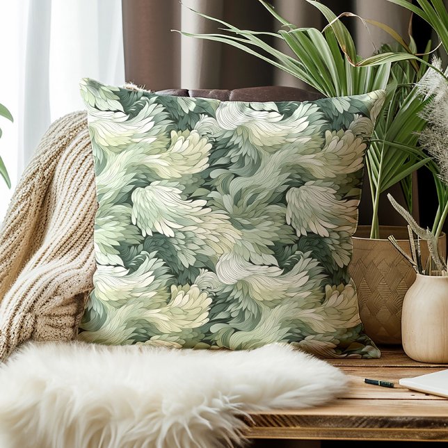Elegant Löv Grönt Shades Botanical Kudde (Elegant green feathery leaves decorator pillow)