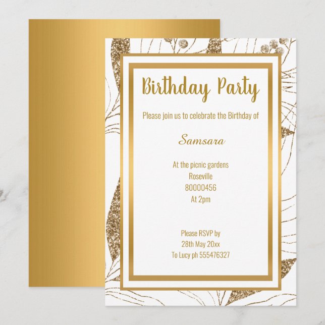 ELEGANT LÖV LAGRAR GULD-TILLFÄLLEN, BIRTHDAY INBJUDNINGAR (Fram/baksida)