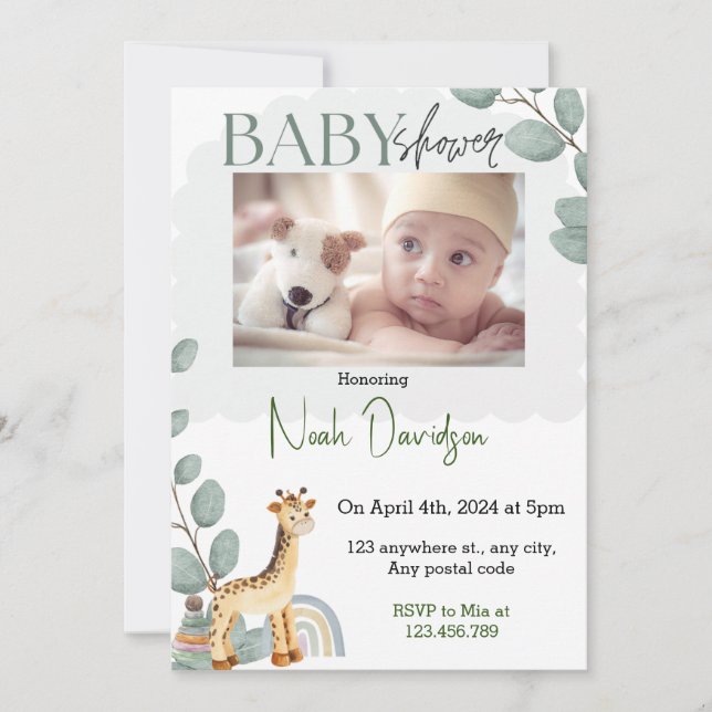 Elegant löv med baby giraffe&leksaker inbjudningar (Framsida)
