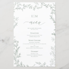 Elegant Löv Sage Grönt Monogram Bröllop Menu