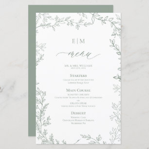 Elegant Löv Sage Grönt Monogram Bröllop Menu