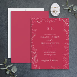 Elegant Löv Vivid Magenta Monogram Bröllop Inbjudningar