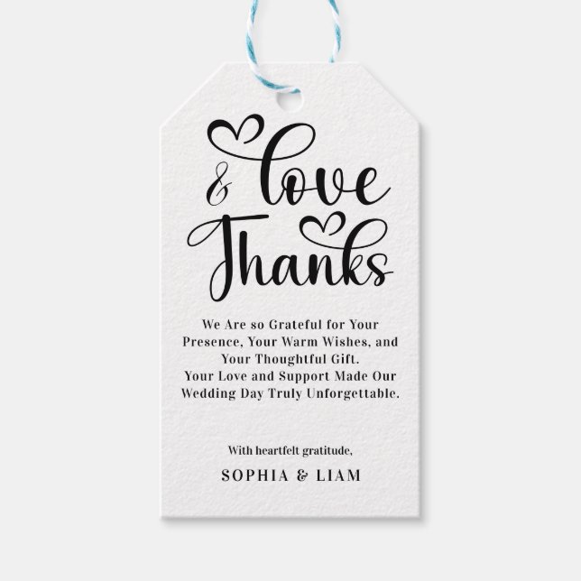 Elegant Love and Thanks Heart Script Wedding  Presentetikett (Framsidan)
