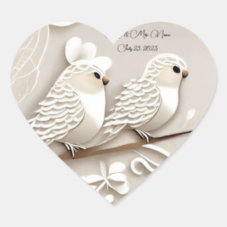 Elegant love birds taupe & vit bröllop-dekal hjärtformat klistermärke
