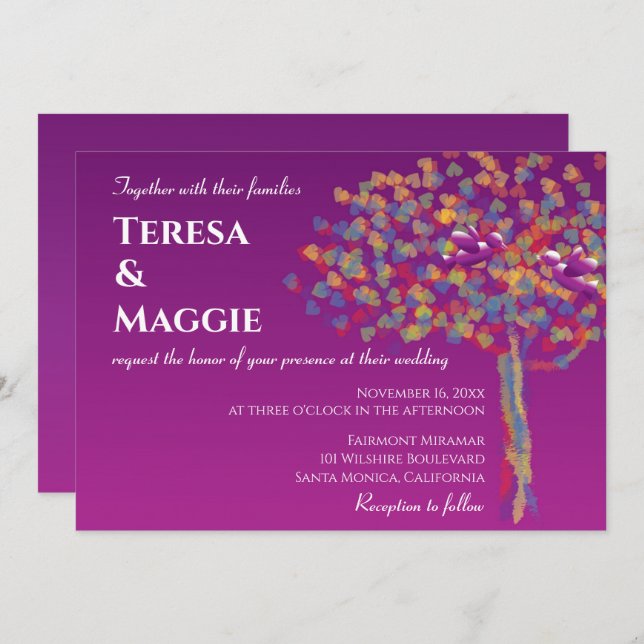 Elegant Lovebird Cassis Lila bröllopsinbjudan Inbjudningar (Fram/baksida)