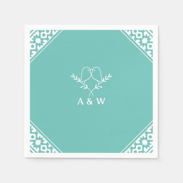 Elegant Lovebird Monogram i Teal Pappersservett (Framsidan)