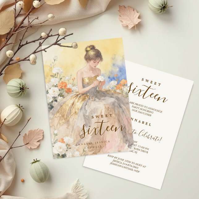 Elegant & Lovely Floral Sweet Sixteen Birthday  Inbjudningar (Delicate Pastel Watercolor Young Woman in Golden and Gray Strapless Dress Card.)