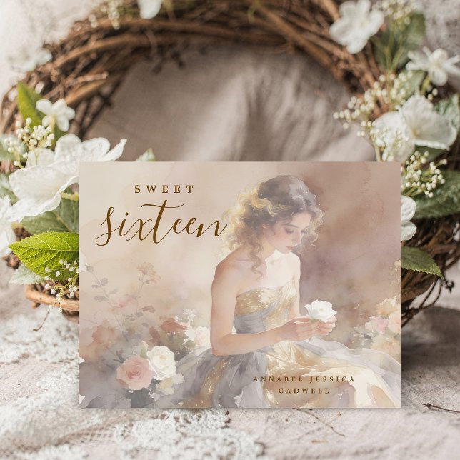 Elegant & Lovely Floral Sweet Sixteen Birthday  Meddelande Vykort (Delicate Pastel Watercolor Young Woman in Golden and Gray Strapless Dress Design.)