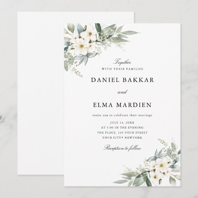 Elegant lövverk Boho akvarell blommande bröllop  Inbjudningar (Fram/baksida)