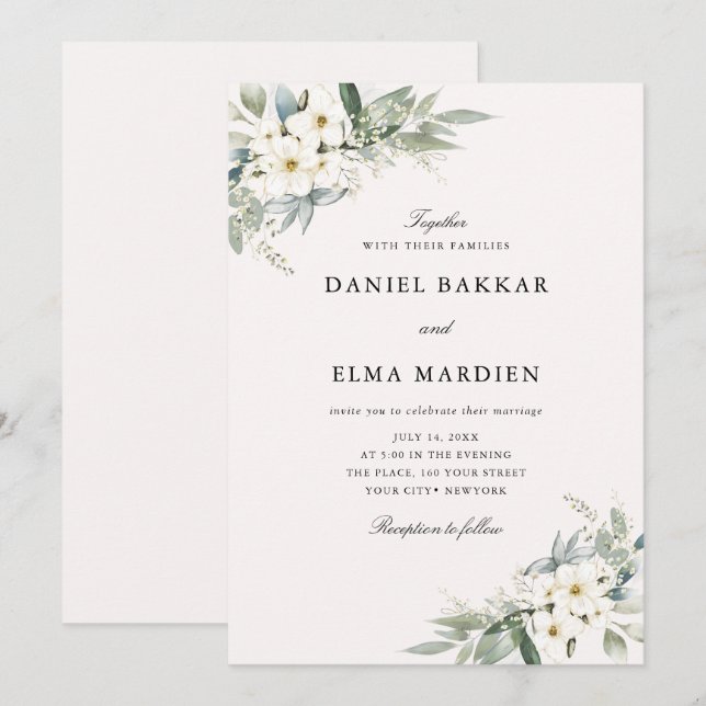 Elegant lövverk Boho akvarell blommande bröllop  Inbjudningar (Fram/baksida)
