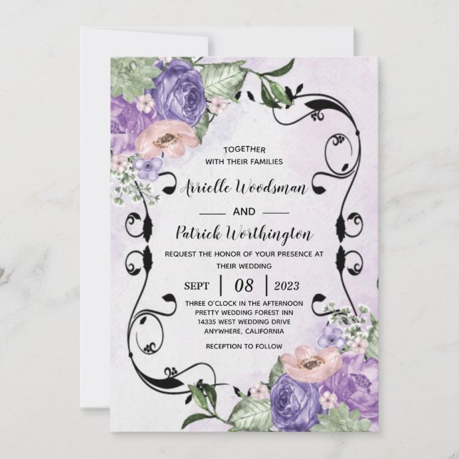 # Elegant Luftig Boho Blommig Lila & Silver Bröllo Inbjudningar (Framsida)