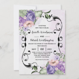 # Elegant Luftig Boho Blommig Lila & Silver Bröllo Inbjudningar