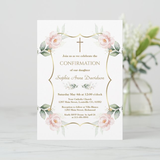 Elegant luftig grönska Rosa Blommig Konfirmation Inbjudningar (Stående Fram)