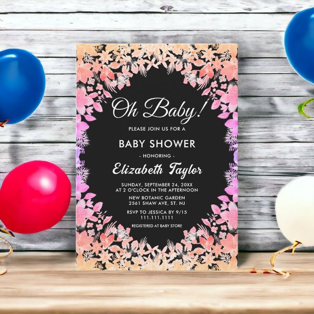Elegant Luminous Ro Black Blommigt Baby Shower Inbjudningar (Skapare uppladdad)