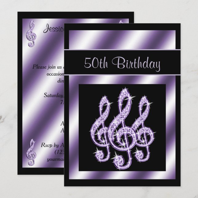 Elegant, Luscious Lilac Treble Clefs 50:e födelsed Inbjudningar (Fram/baksida)
