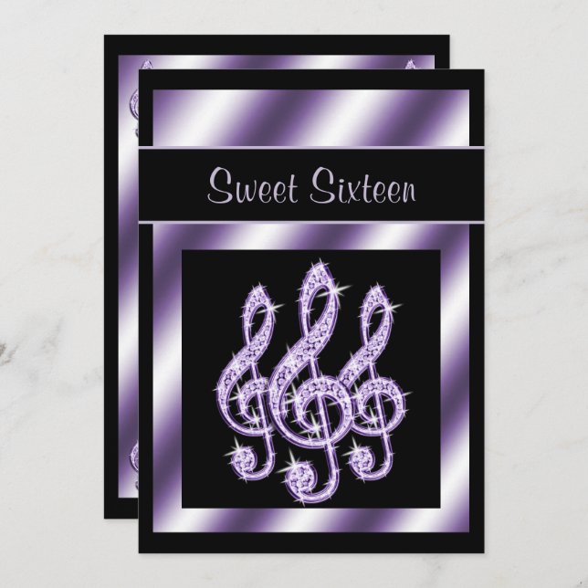 Elegant, Luscious Lilac Treble Clefs Sweet 16 Inbjudningar (Fram/baksida)