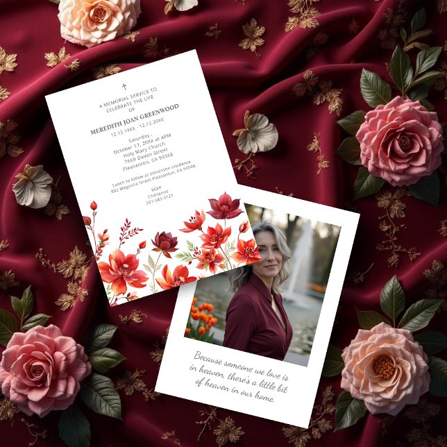 Elegant Lush Minimalist Floral In Dark Red Funeral Inbjudningar (Elegant Lush Minimalist Floral In Dark Red Shades Funeral Invitations Cards with Back Photo. )