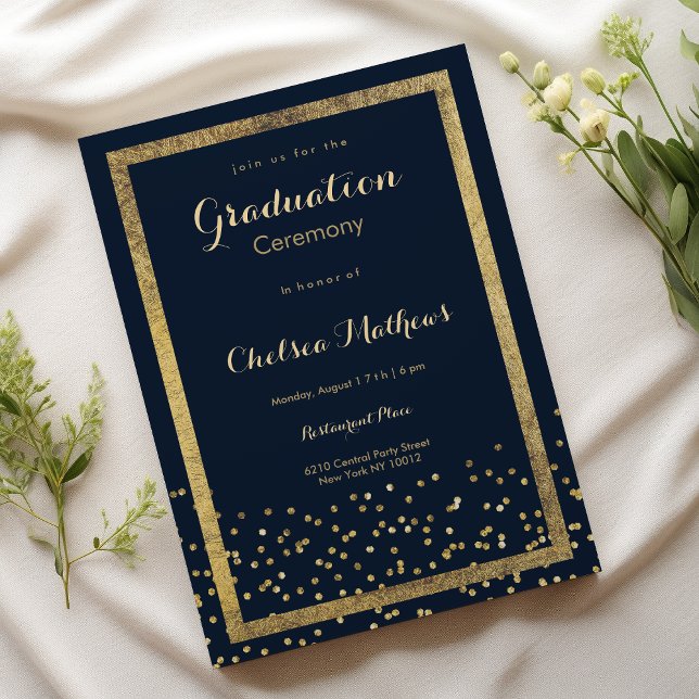 Elegant Lush navy blue guld konetti Studenten Inbjudningar (Elegant lush navy blue gold confetti Graduation )