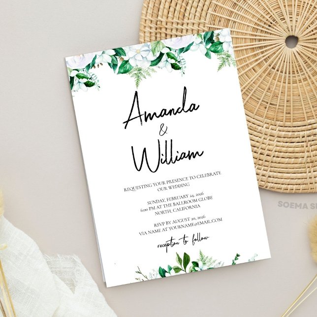 Elegant Lush White Floral and Greenery Wedding Inbjudningar (Elegant Lush White Floral and Greenery Wedding Invitation)