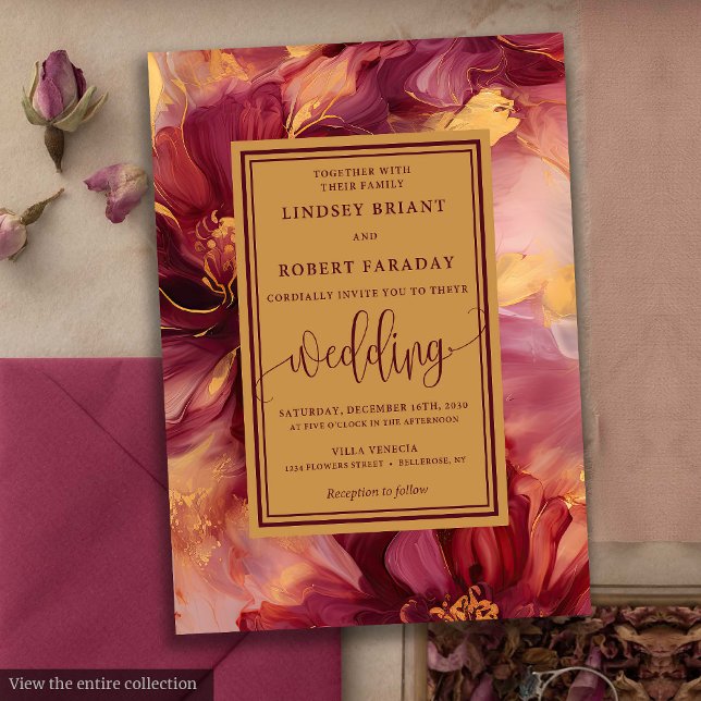 Elegant Lux Burgundy  Guld Ro Bröllop Inbjudningar (Elegant Lux Burgundy Blush Gold Roses Wedding Invitation)