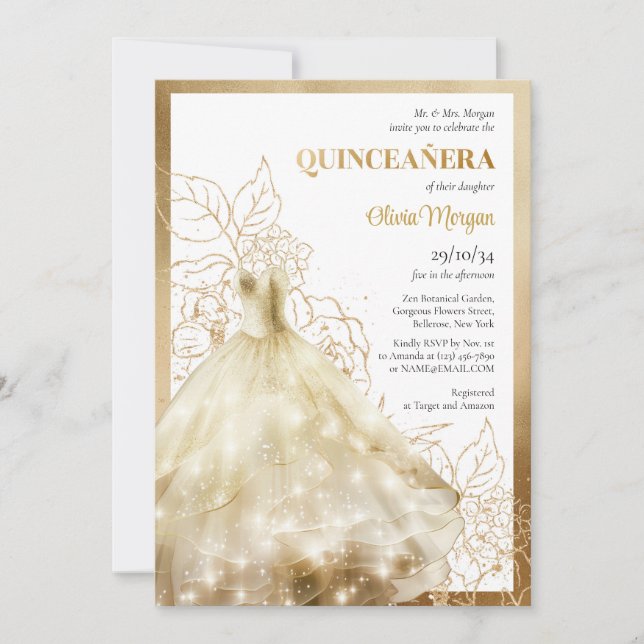 Elegant lux guld Forme dress glamor Quinceañera Inbjudningar (Framsida)