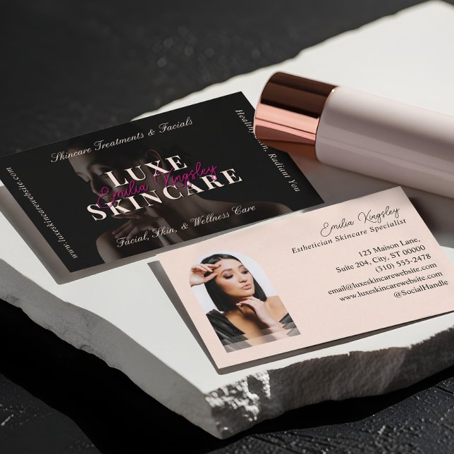 Elegant Luxe Spa Hudvård Estetiker Svart Rosa Visitkort (Elegant Luxe Spa Skincare Esthetician Black Pink Business Card)
