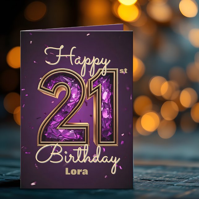 Elegant Luxuriös Lila och Guld 21:a födelsedag Kort (Skapare uppladdad)