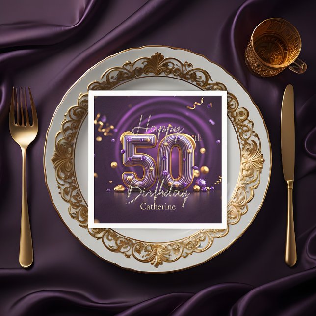 Elegant Luxuriös Lila och Guld 50:e födelsedagen Pappersservett (Skapare uppladdad)