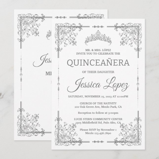 Elegant Luxuriöst vitt och Grått Quinceanera Inbjudningar (Fram/baksida)
