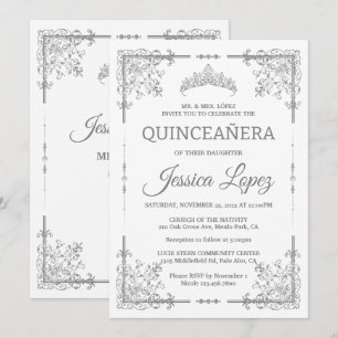 Elegant Luxuriöst vitt och Grått Quinceanera Inbjudningar