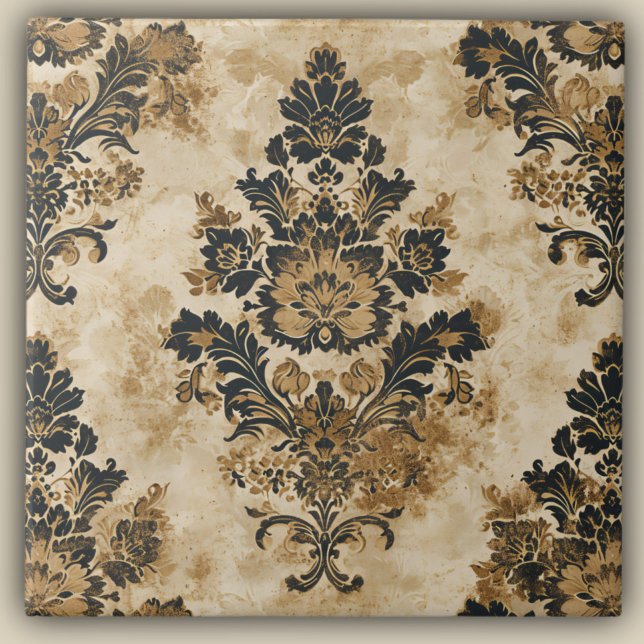 Elegant Luxurious Black Guld Beige Ivory Damask Kakelplatta (Skapare uppladdad)
