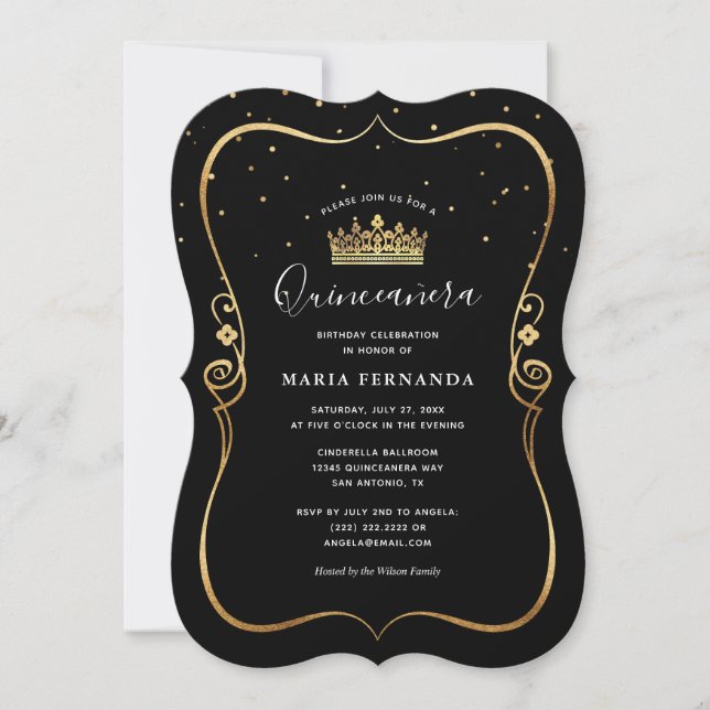 Elegant Luxurious Guld och Black Quinceanera Inbjudningar (Framsida)