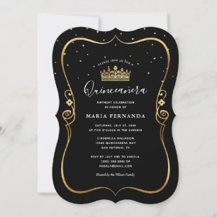 Elegant Luxurious Guld och Black Quinceanera Inbjudningar