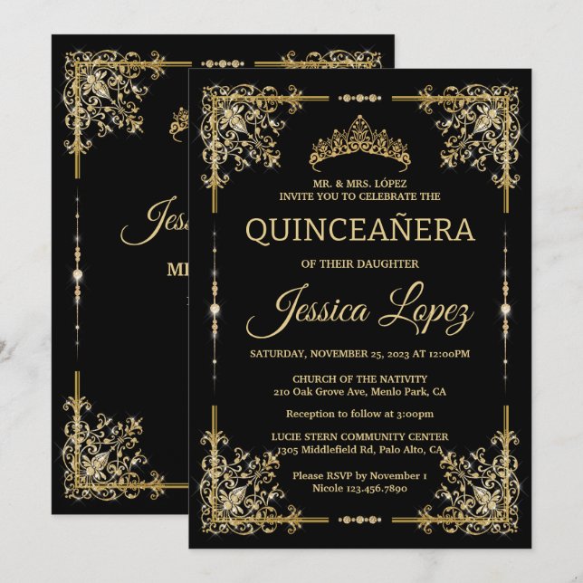Elegant Luxurious Guld och Black Quinceanera Inbjudningar (Fram/baksida)