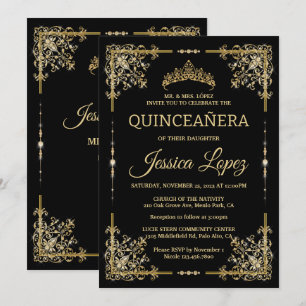 Elegant Luxurious Guld och Black Quinceanera Inbjudningar