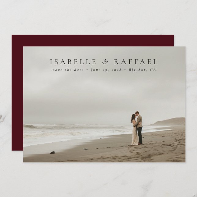 Elegant Luxurious Photo Maroon Red Bröllop Spara Datumet (Fram/baksida)
