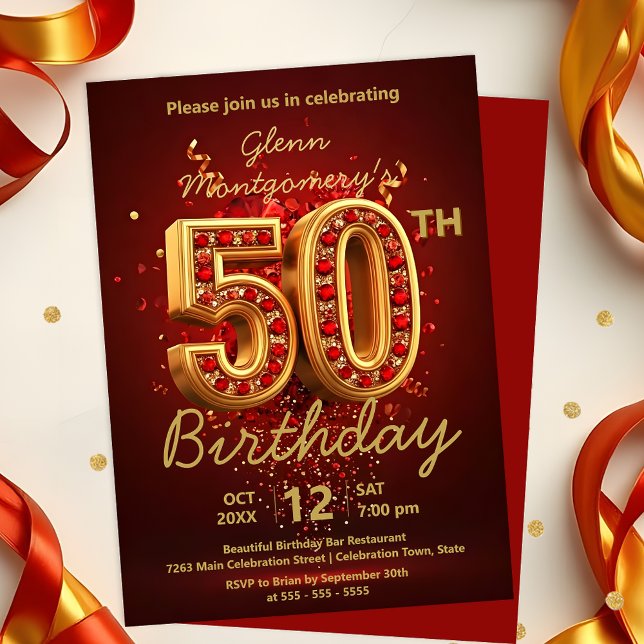 Elegant Luxurious Red och Guld 50:e födelsedagen Inbjudningar (Skapare uppladdad)