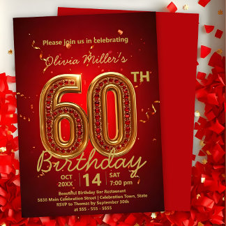 Elegant Luxurious Red och Guld 60:e födelsedagen Inbjudningar