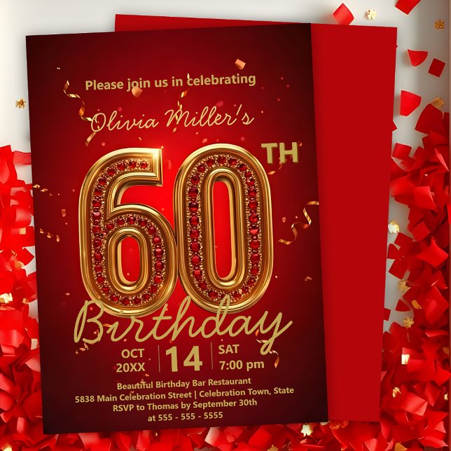 Elegant Luxurious Red och Guld 60:e födelsedagen Inbjudningar (Skapare uppladdad)