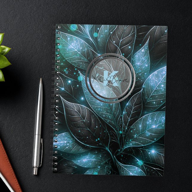 Elegant Luxurious Teal Black Glowing Foliage Anteckningsbok (Skapare uppladdad)