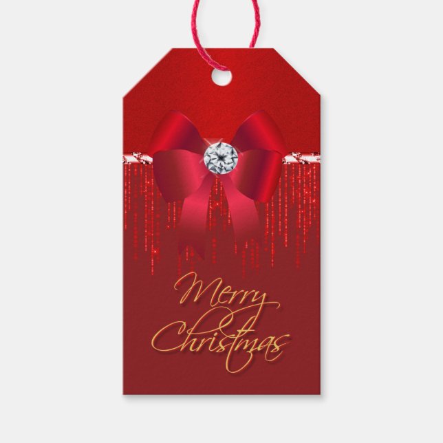 Elegant luxurisk röd satängbuk glitter jul presentetikett (Framsidan)