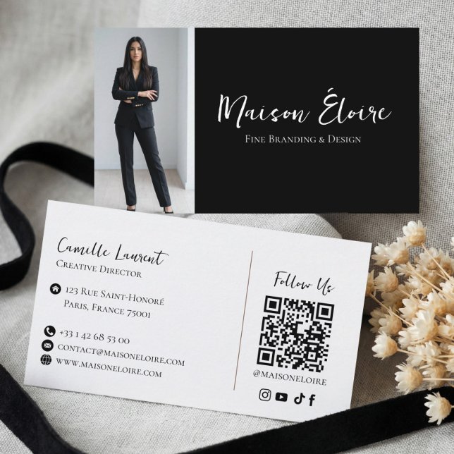 Elegant Luxury Black Modern Professional Photo Qr Visitkort (Elegant Luxury Black Modern Professional Photo Qr Business Card)