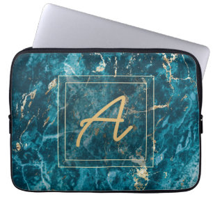 Elegant Luxury Blue Guld Marble Effect Monogram Laptop Fodral