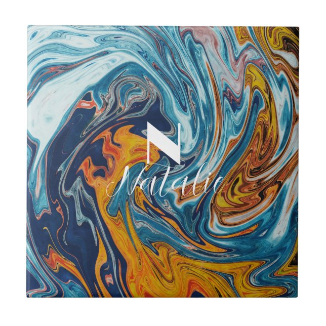 Elegant Luxury Blue Guld Monogram Kakelplatta (Framsidan)