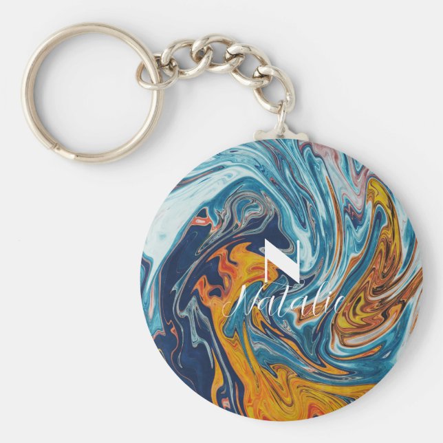 Elegant Luxury Blue Guld Monogram Nyckelring (Framsidan)