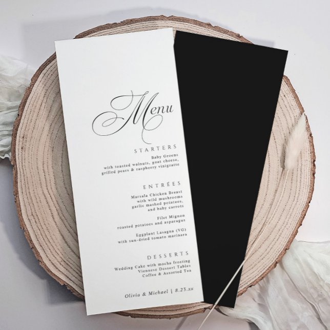 Elegant Luxury Calligraphy Bröllop Meny (Elegant calligraphy wedding menus with ornate calligraphy and black back.)